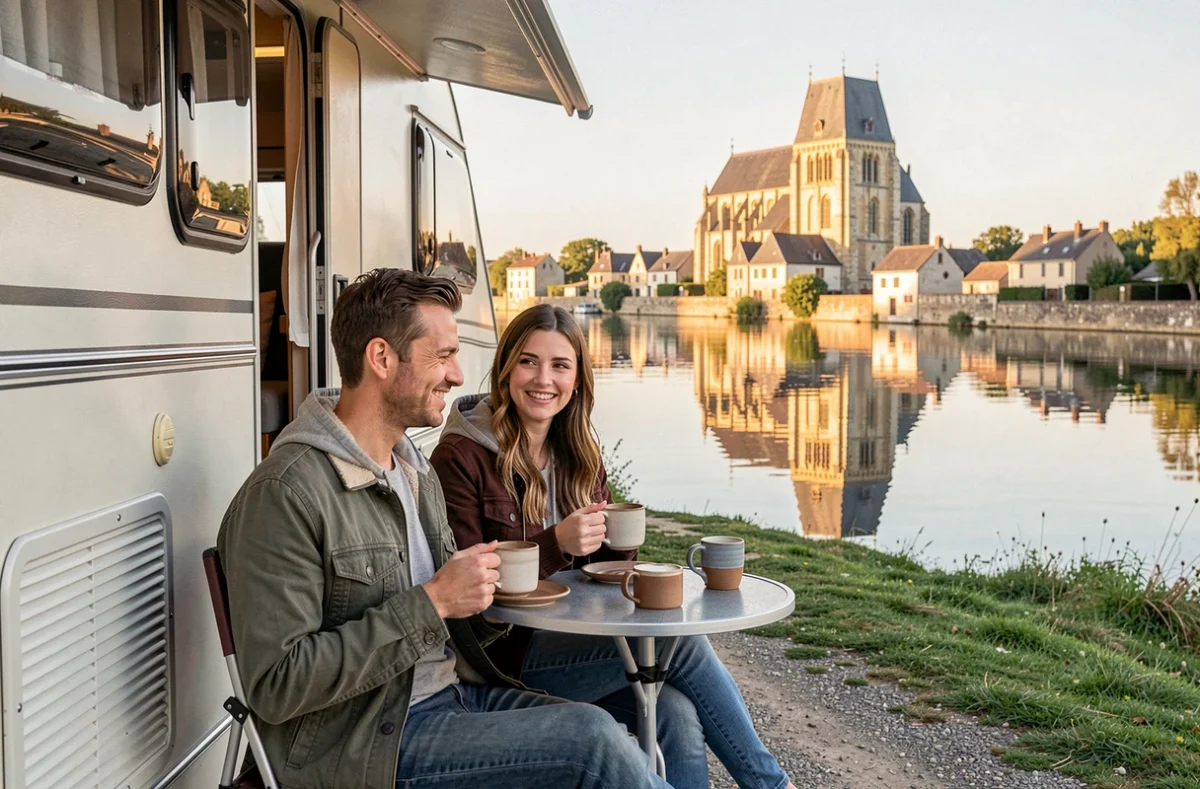 Couple prenant leur café devant leur camping-car au camping de Vétheuil avec le village et l'église romane reflétés dans la Seine
