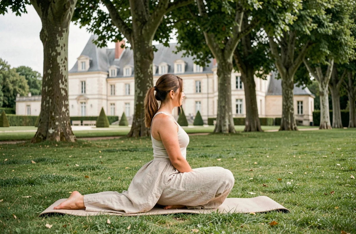 Femme faisant du yoga sur une pelouse du camping de Villarceaux avec le château Renaissance et ses jardins à la française en arrière-plan