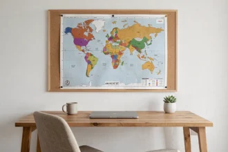 Carte des fuseaux horaires du monde imprimée et affichée sur un tableau en liège dans un bureau moderne