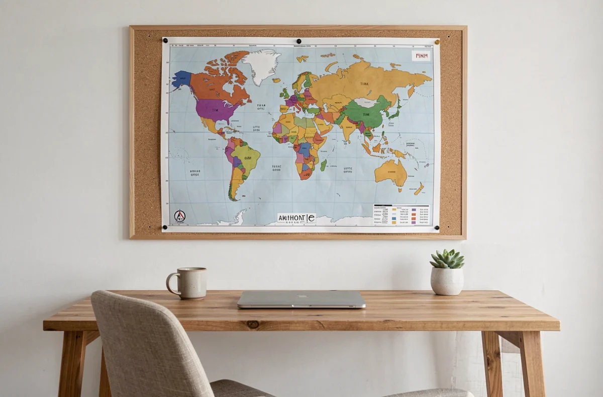 Carte des fuseaux horaires du monde imprimée et affichée sur un tableau en liège dans un bureau moderne