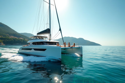 Catamaran moderne sur eaux turquoise de la Riviera