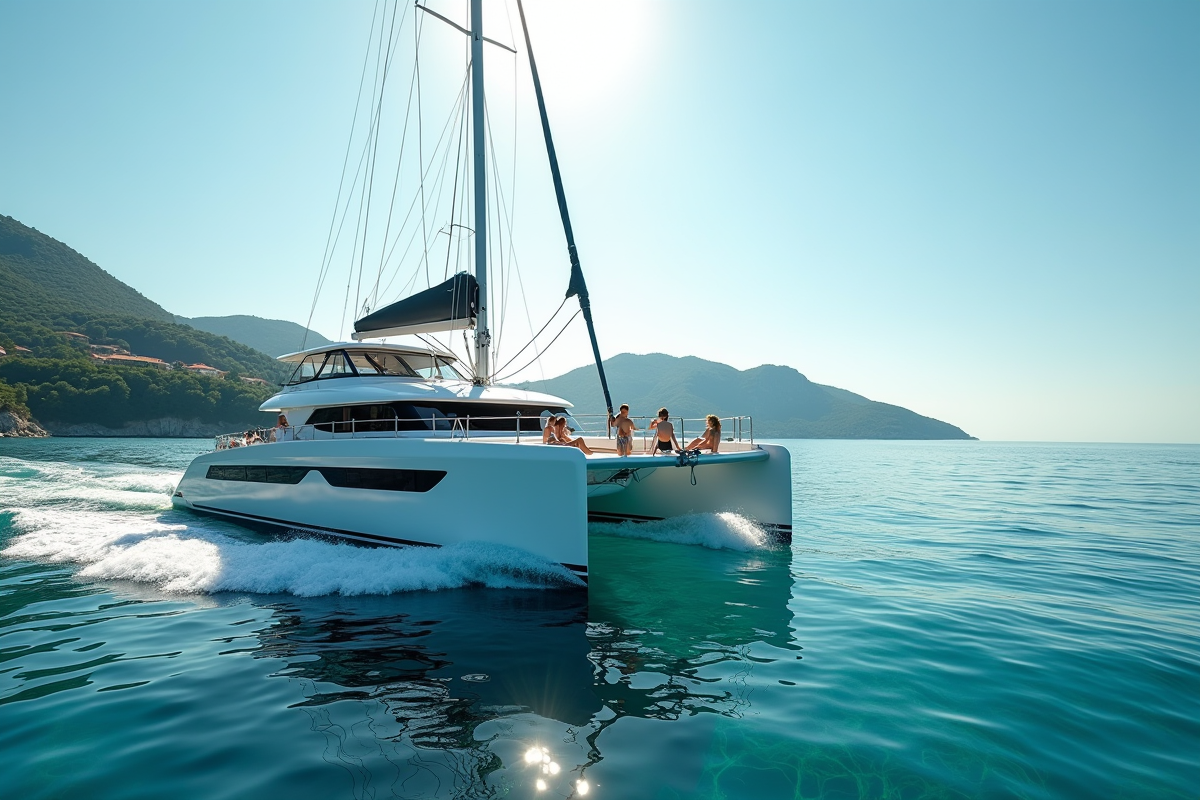 Catamaran moderne sur eaux turquoise de la Riviera