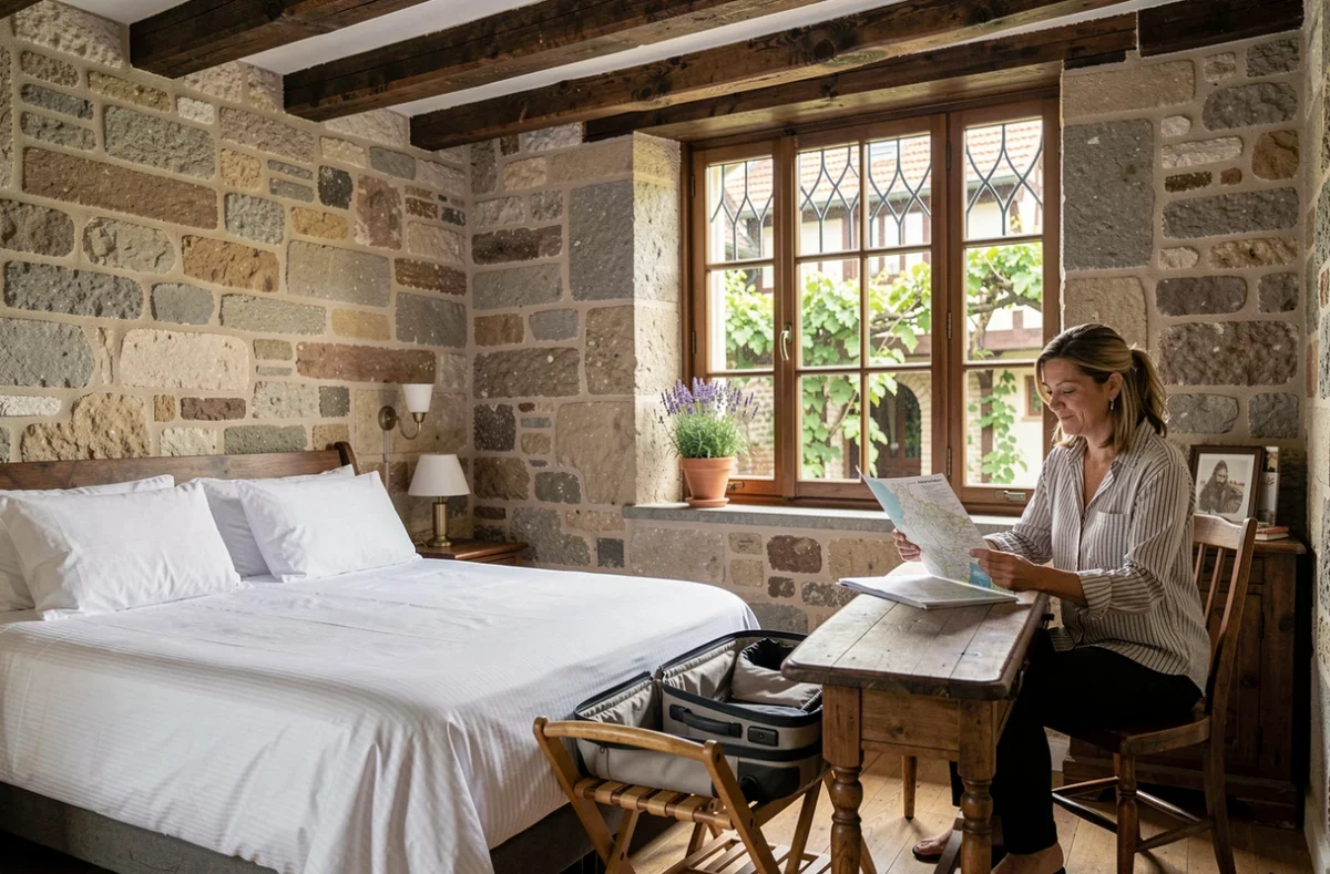 Chambre d'hôtel de charme alsacienne avec poutres apparentes, valise ouverte et femme consultant une carte de la région