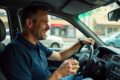 Conducteur de taxi homme souriant dans une voiture citadine