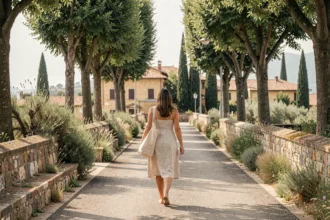 Femme marchant sur un chemin piéton depuis la gare en direction de la plage de Pise en été