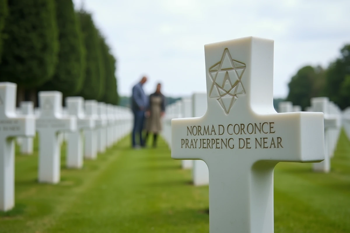 Cimetière américain de Colleville-sur-Mer en Normandie, rangées de croix blanches sur pelouse verte face à la Manche, lieu de mémoire du Débarquement