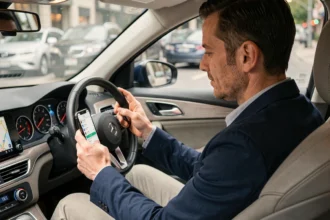 Conducteur consultant une application de navigation anti-embouteillages sur son téléphone monté dans sa voiture en ville