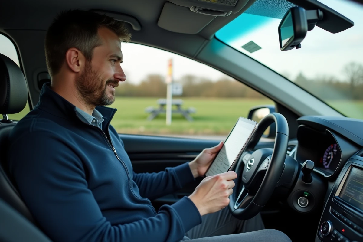 Conducteur consultant un itinéraire de covoiturage sur tablette dans sa voiture à une aire d'autoroute