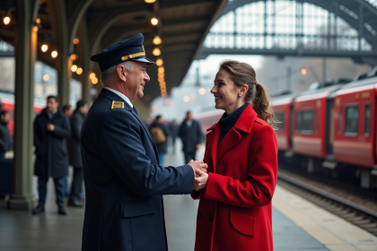 Contrôleur de train en uniforme saluant une passagere souriante