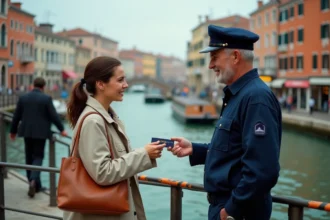 Contrôleur de vaporetto à Venise vérifiant le titre de transport d'une touriste sur un embarcadère du Grand Canal