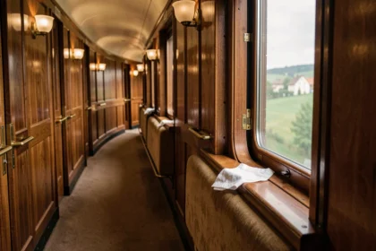 Couloir en bois de mahogany d'un wagon Orient Express vintage avec détails en laiton et paysage flou en arrière-plan