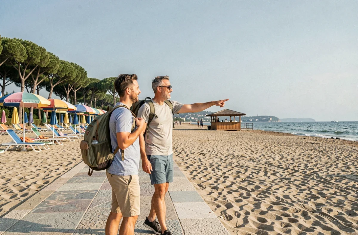 Couple arrivant à pied sur la plage de Pise depuis la gare, promenade en bord de mer toscane