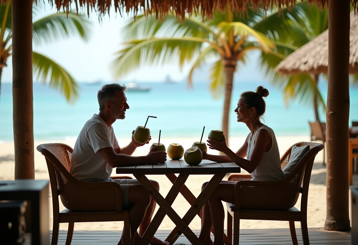 Couple détendu au café face à la plage de Lovina