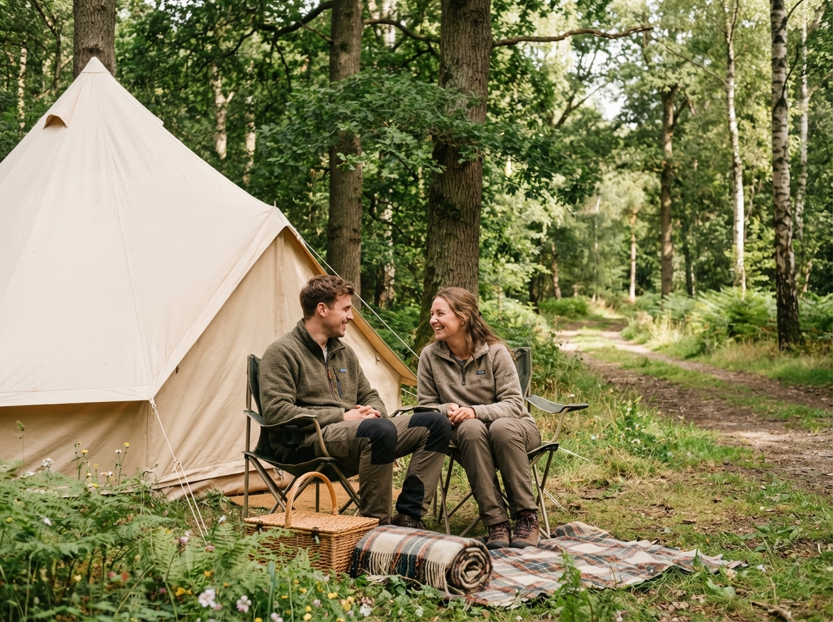 Jeune couple assis dans la nature en camping