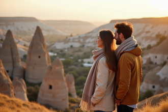 Jeune couple regardant les cheminées de fée en Cappadoce
