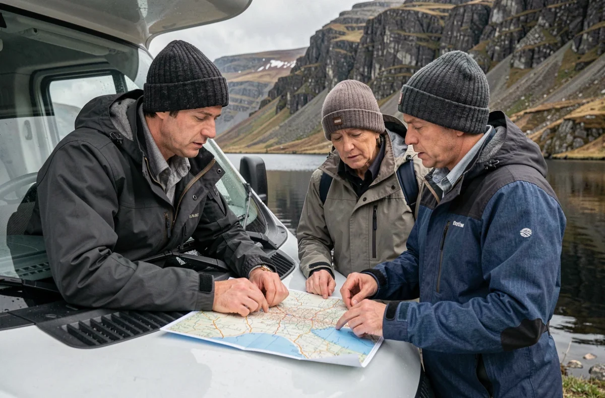 Couple consultant une carte routière sur le capot de leur camping-car devant un loch écossais aux reflets sombres et aux montagnes abruptes