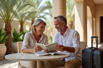 Couple souriant en vacances à Djerba partageant une brochure