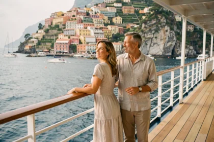 Couple sur le pont d'un bateau de croisière admirant les villages colorés des Cinque Terre depuis la mer en Italie