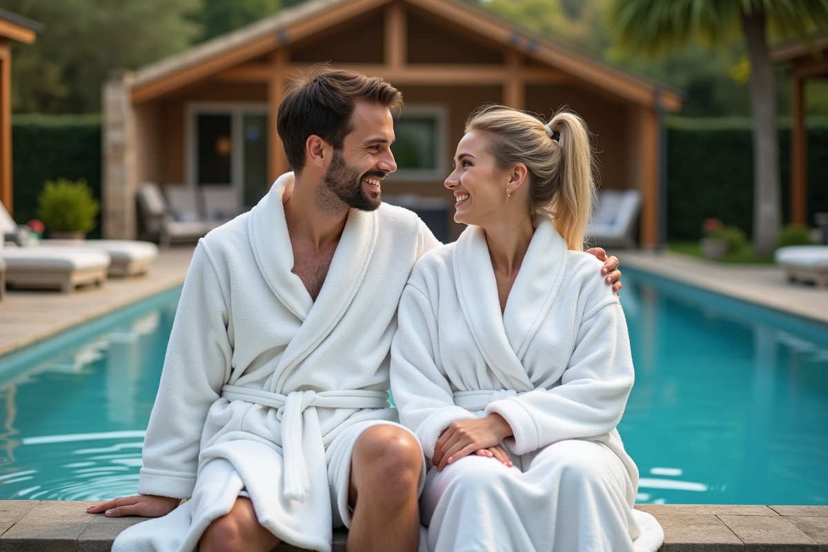 Jeune couple en peignoir dans un spa extérieur
