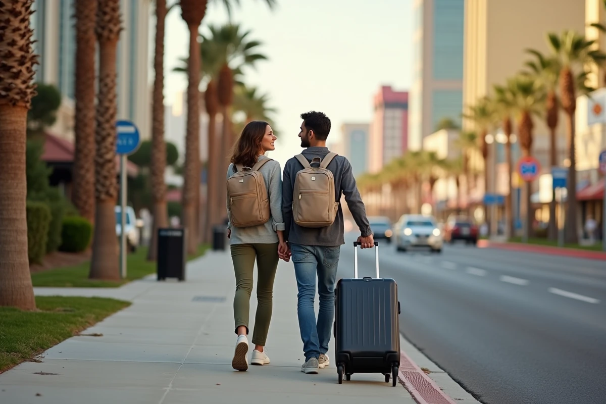 Couple quittant Las Vegas à pied sur le Strip avec leurs bagages pour débuter un road trip romantique vers Los Angeles