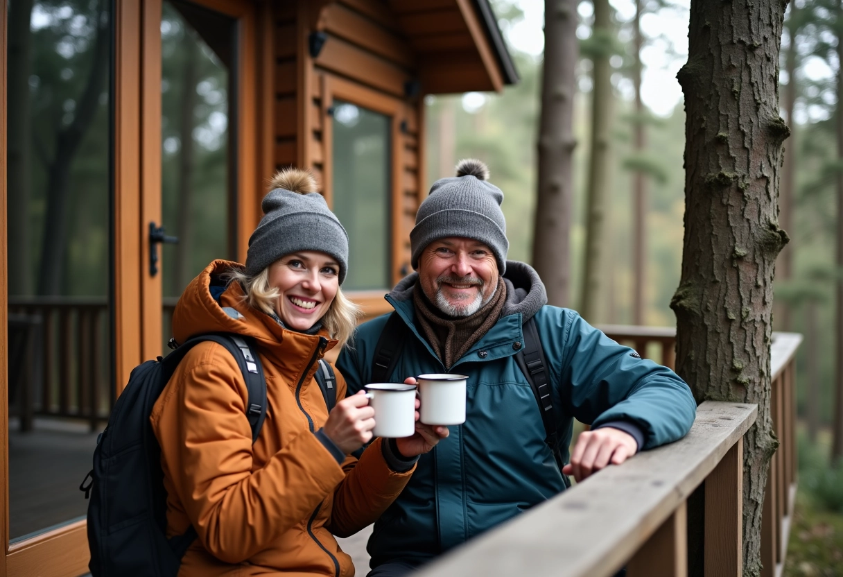 Couple relaxant sur un balcon en bois dans la forêt Vosges