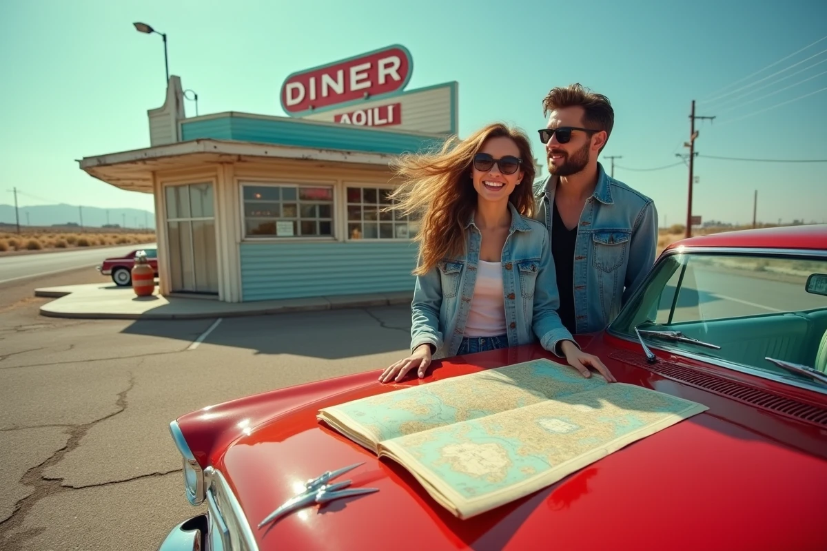 Couple souriant devant un diner américain rétro avec une carte routière sur le capot d'une voiture classique sur la Route 66