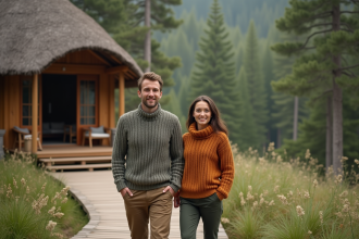 Jeune couple devant une ecolodge en forêt