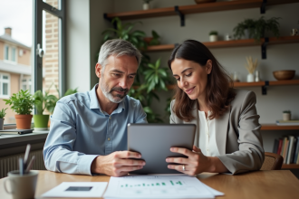 Couple d'adultes analysant des documents financiers à la maison