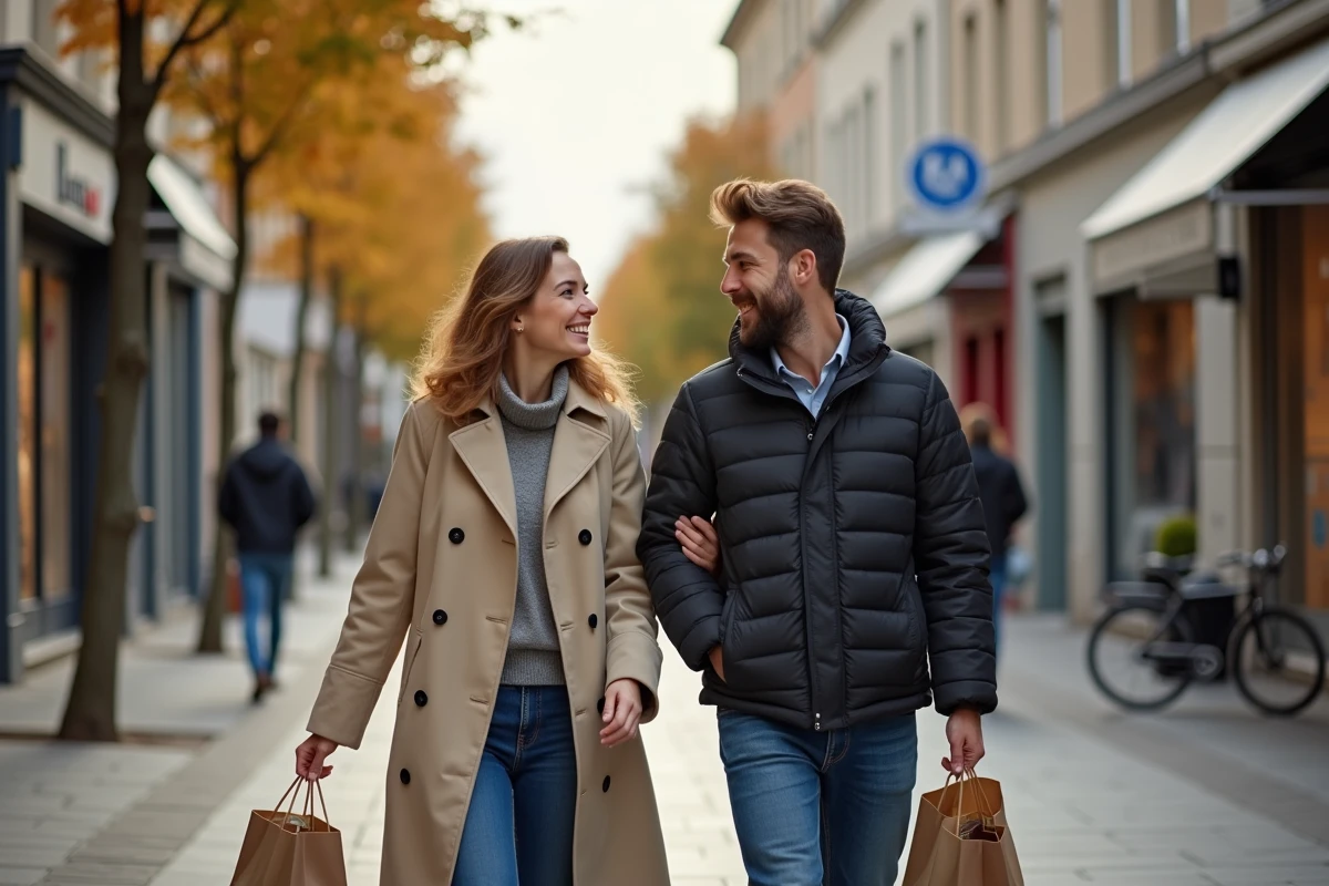Couple de frontaliers faisant leurs courses dans le centre de Rodange, alliant vie quotidienne et travail au Luxembourg