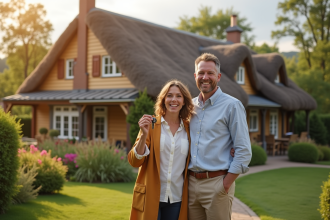 Couple souriant devant une maison de campagne accueillante