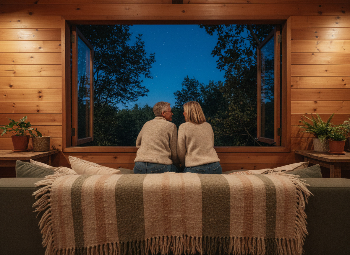 Couple dans une cabane dans les arbres la nuit