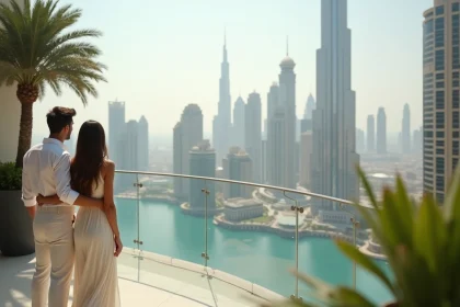 Couple élégant sur un balcon avec vue sur Dubai et le Burj Khalifa