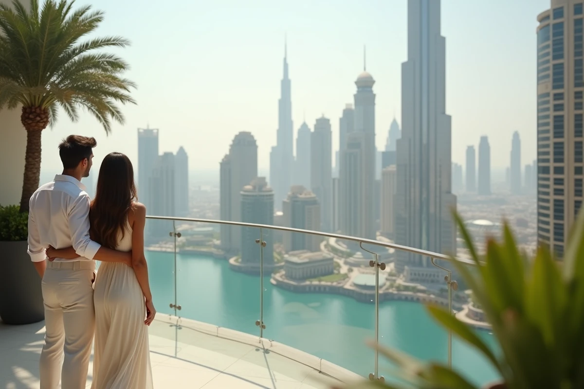 Couple élégant sur un balcon avec vue sur Dubai et le Burj Khalifa