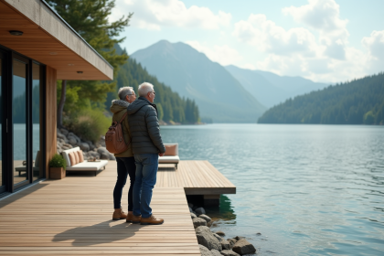 Couple souriant devant maison flottante au bord du lac