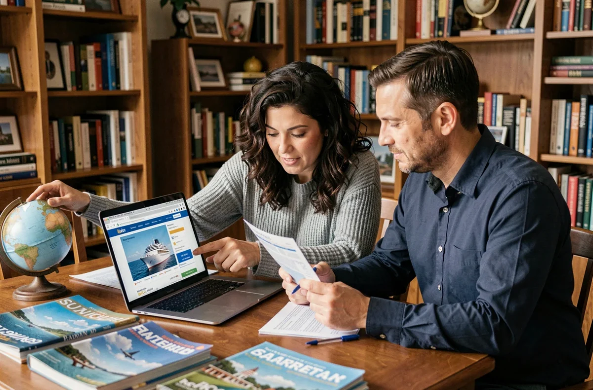 Un couple planifie en avance leur croisière sur l'Icon of the Seas en consultant les disponibilités sur un ordinateur portable à domicile