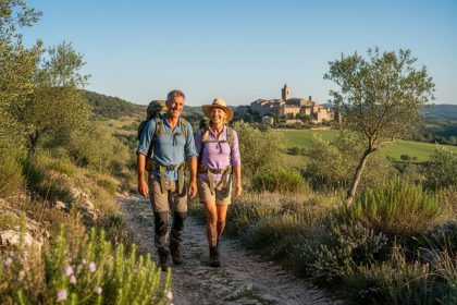 Couple souriant en randonnée dans la garrigue méditerranéenne