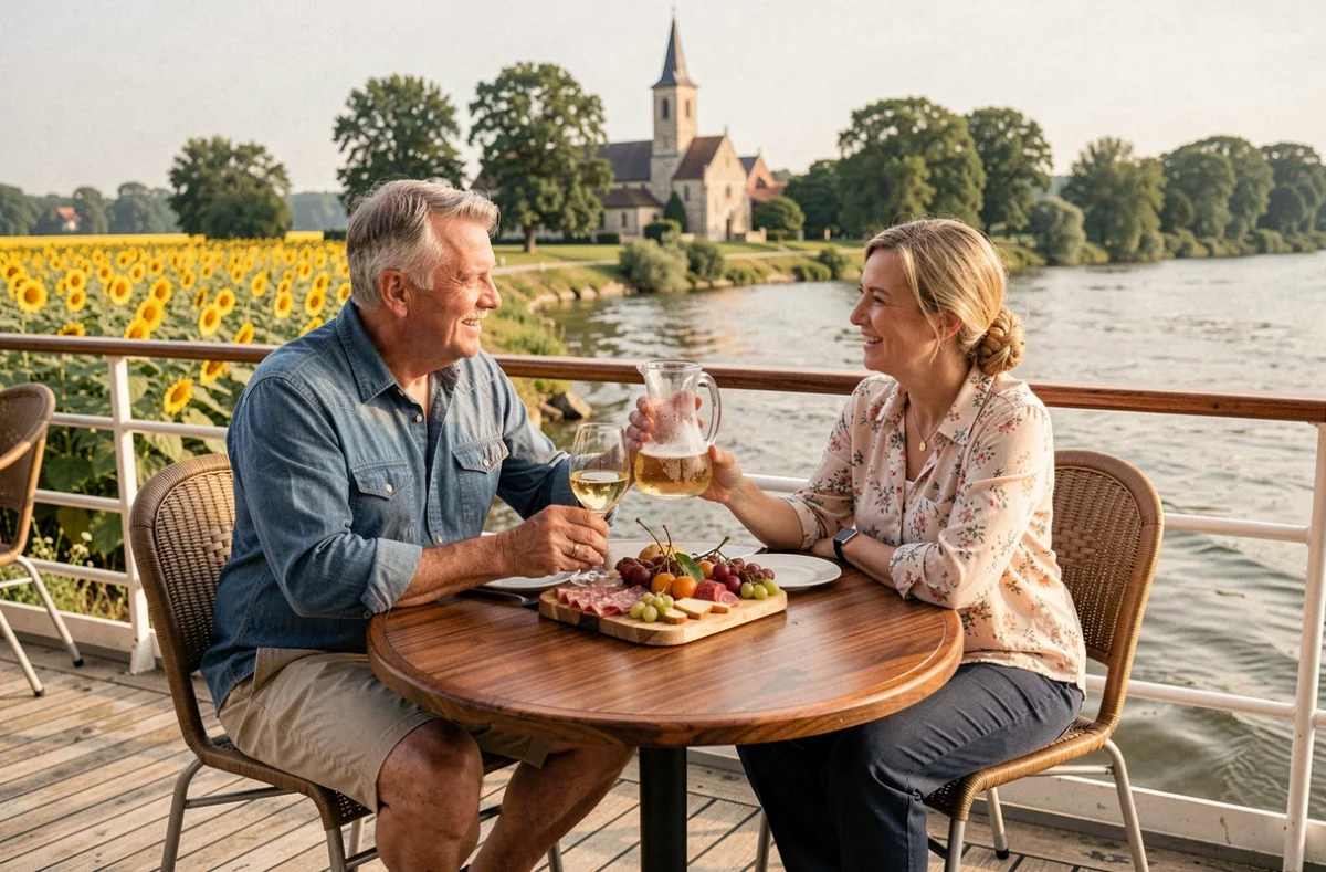Couple profitant d'un repas sur le pont d'un bateau fluvial avec vue sur des champs de tournesols