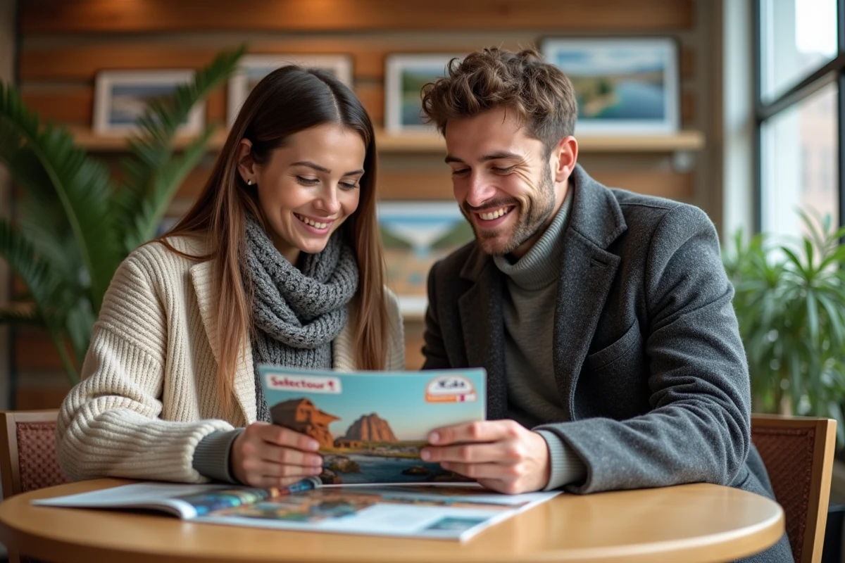 Jeune couple regardant des brochures de voyage avec une carte cadeau