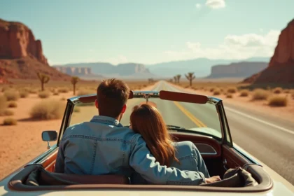 Couple romantique dans un cabriolet vintage contemplant le désert Mojave lors d'un road trip entre Las Vegas et Los Angeles
