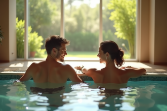 Jeune couple relaxant dans un spa lumineux avec vue sur jardin