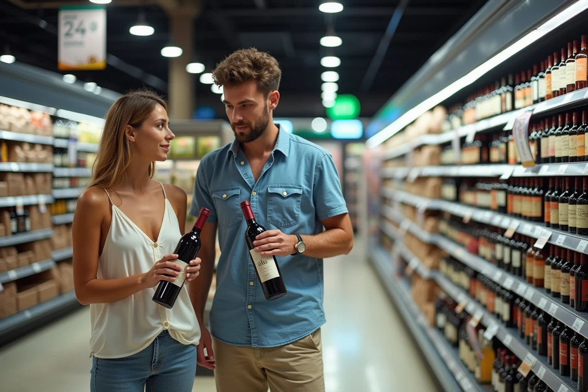 Un couple français compare des bouteilles de vin rouge espagnol dans un supermarché en Espagne, avec les étiquettes de prix bien visibles en rayon