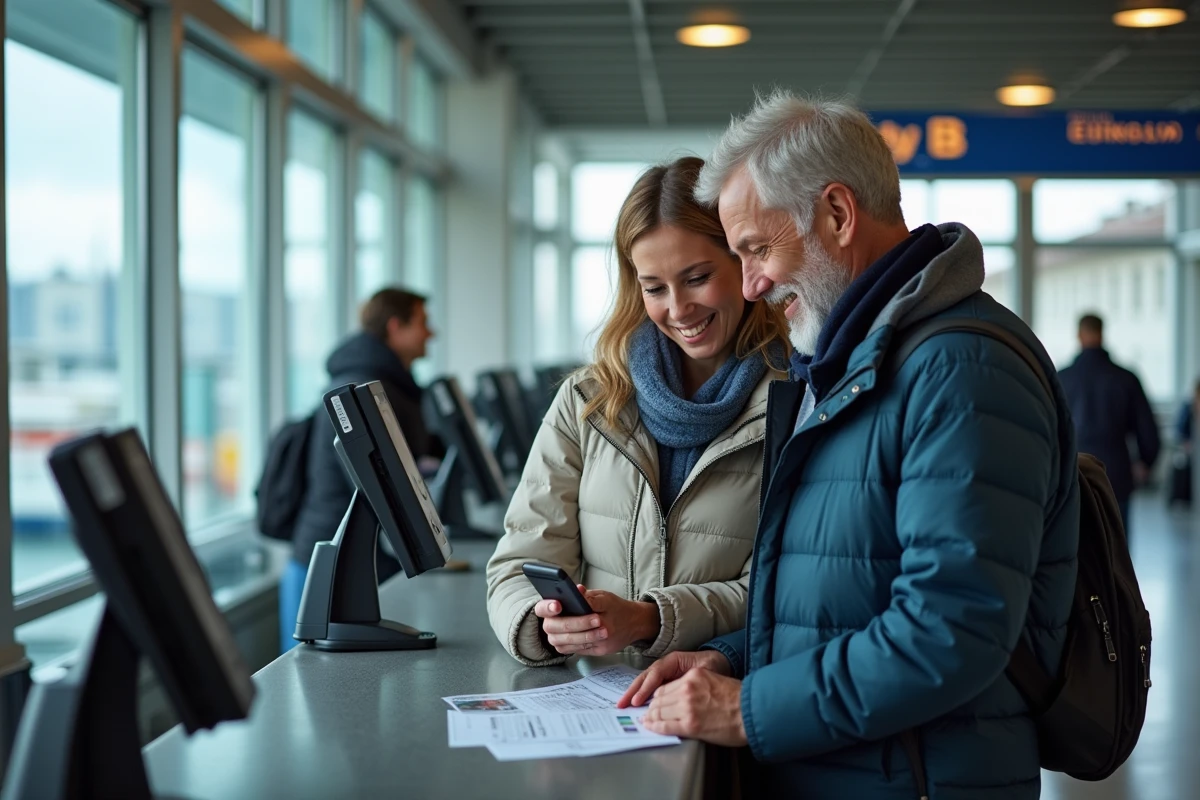 Couple vérifiant leurs billets de ferry à l'accueil d'un terminal maritime
