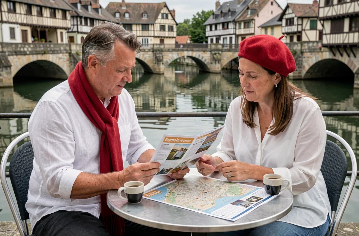 Couple consultant un programme et une carte des Fêtes de Bayonne en terrasse de café au bord du canal