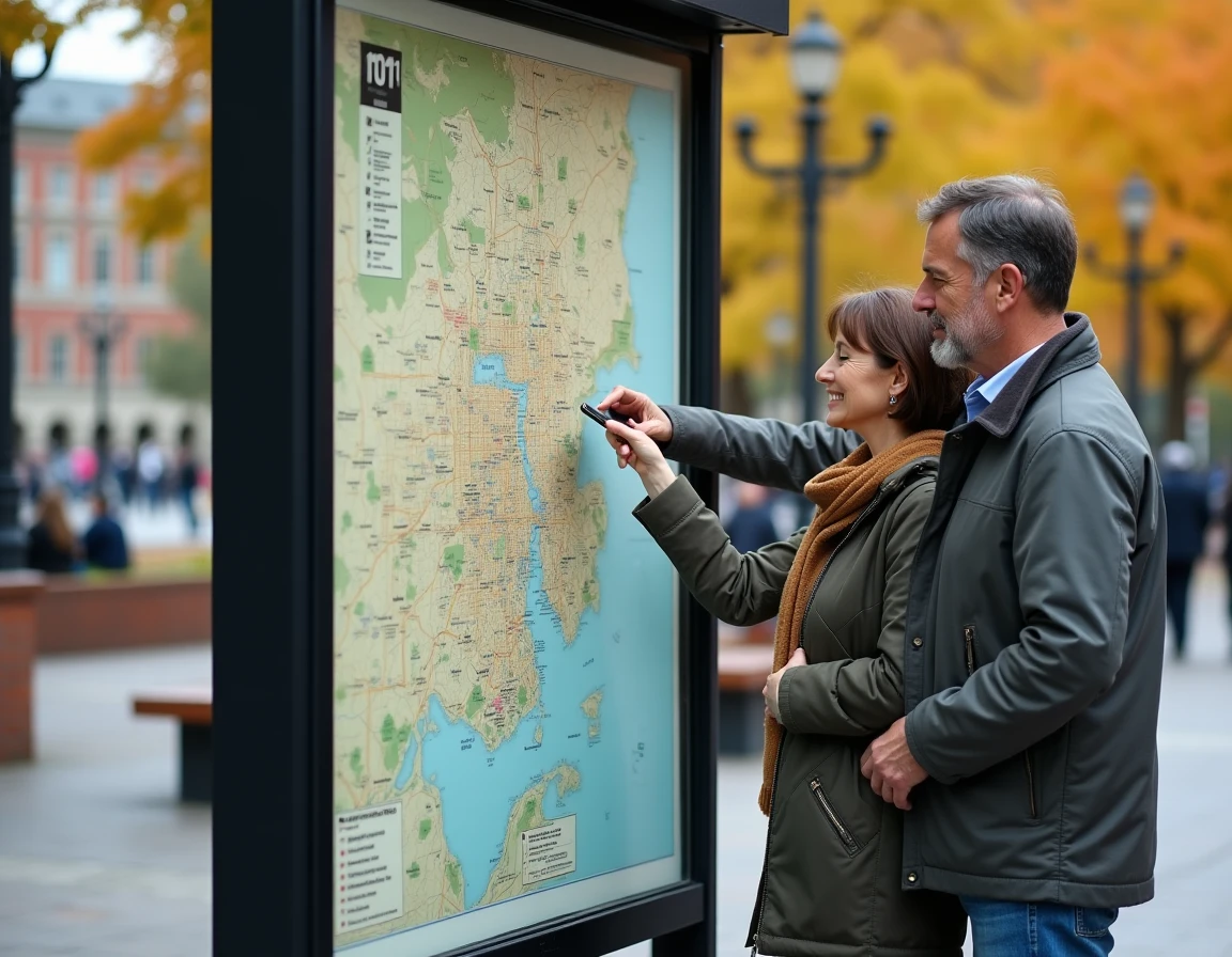 Couple de touristes consultant une carte urbaine détaillée sur un kiosque en plein air dans une ville américaine