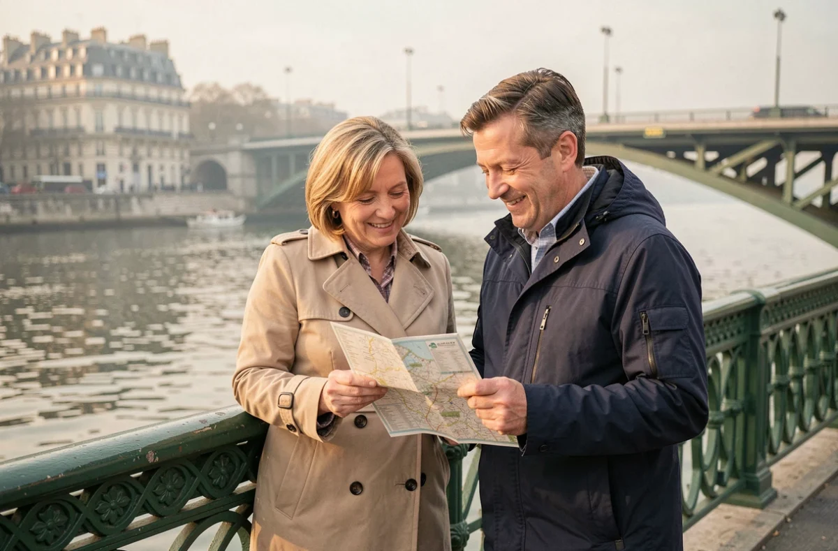 Couple de touristes consultant une carte touristique sur le Pont de Bir-Hakeim à Paris avec la Seine en arrière-plan