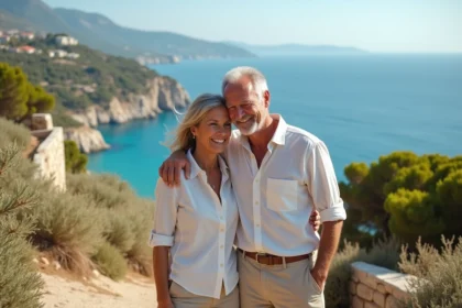 Couple souriant en vacances sur une falaise méditerranéenne