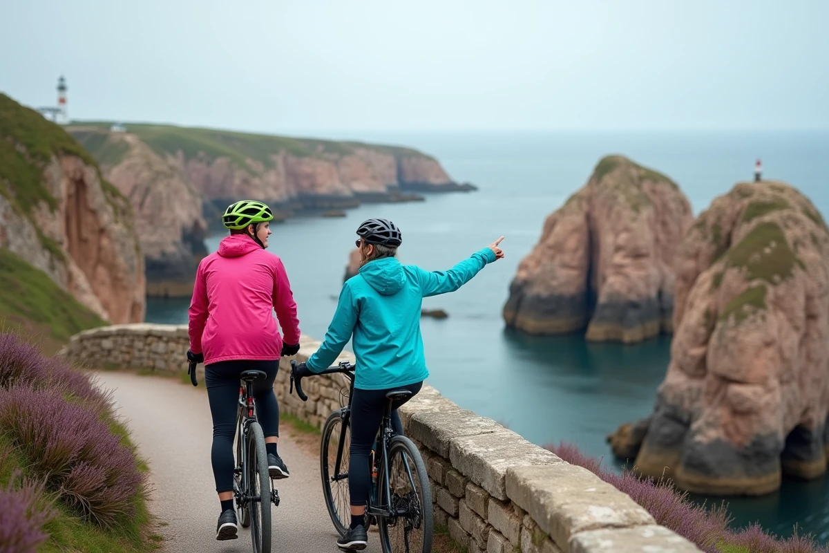 Couple de cyclistes s'arrêtant pour admirer les rochers de granit rose à Ploumanac'h lors d'un circuit vélo en Bretagne