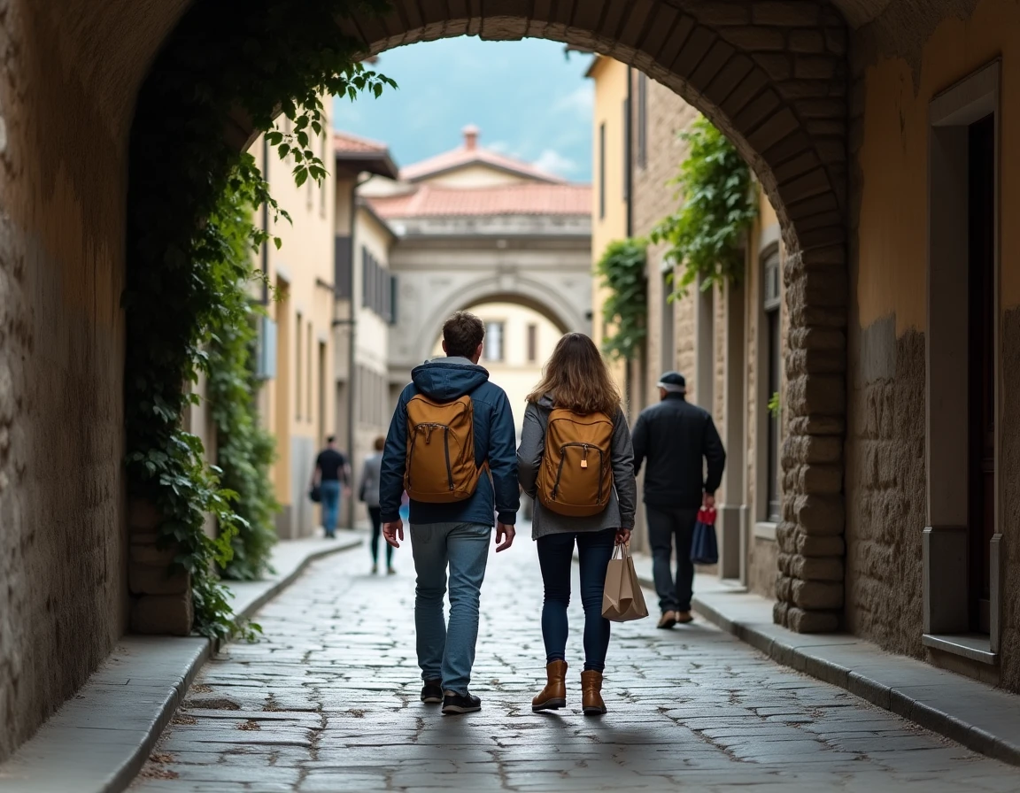 Couple de voyageurs explorant les ruelles pavées et l'Arc d'Auguste dans le centre historique romain d'Aoste en Italie