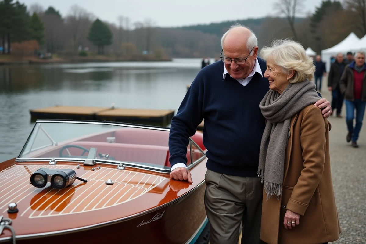 Couple âgé examinant un voilier en bois au bord du lac
