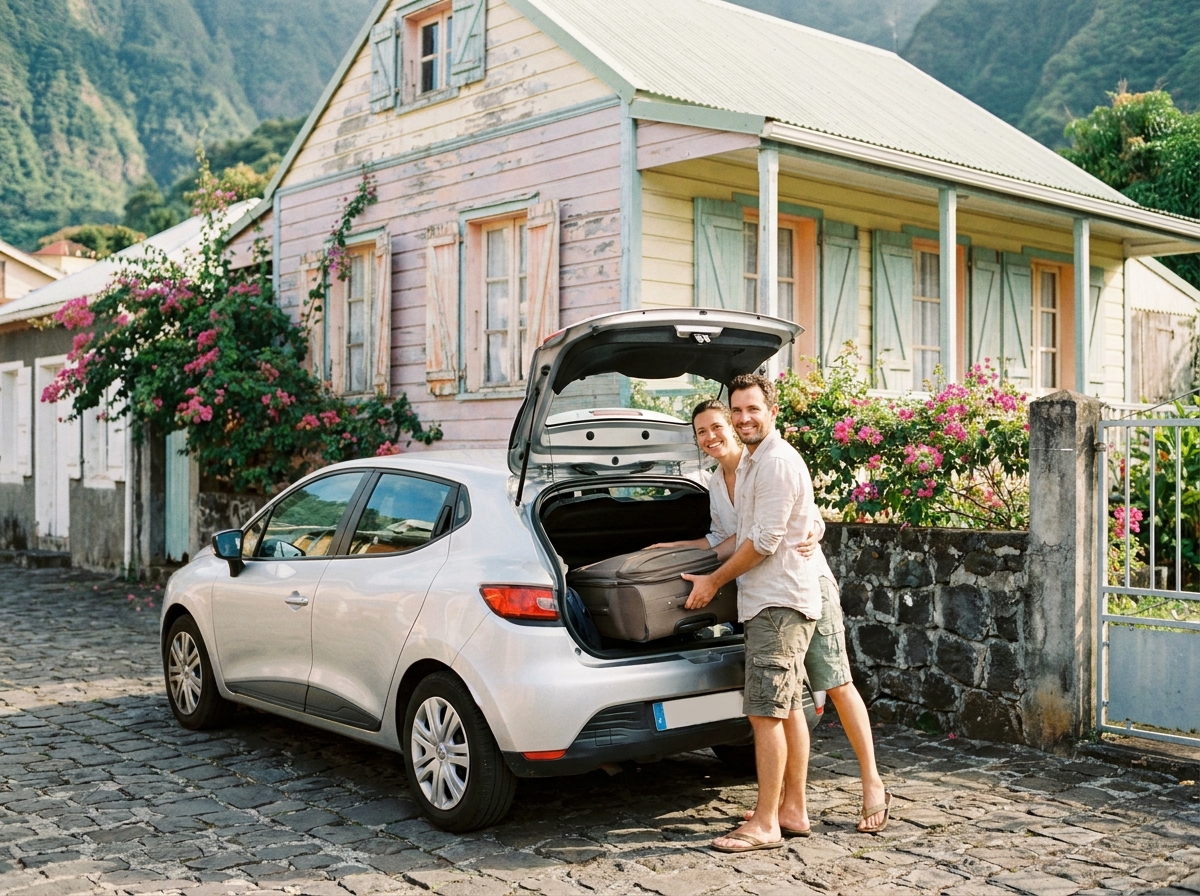 Couple chargeant leurs bagages dans une petite voiture de location devant une maison créole colorée à La Réunion